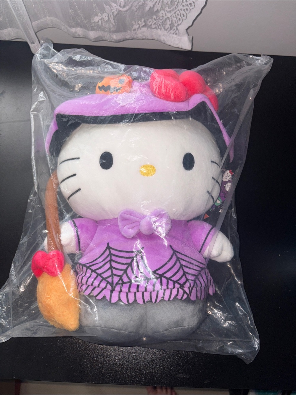 Hello Kitty Purple Witch Plush with Pink Bow and Orange Broom